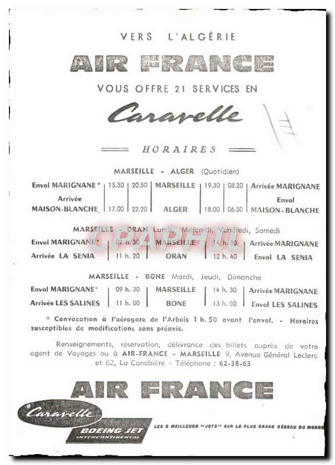 CPM Avion Aviation Vers l'Algerie Air France Caravelle Algerie — Back