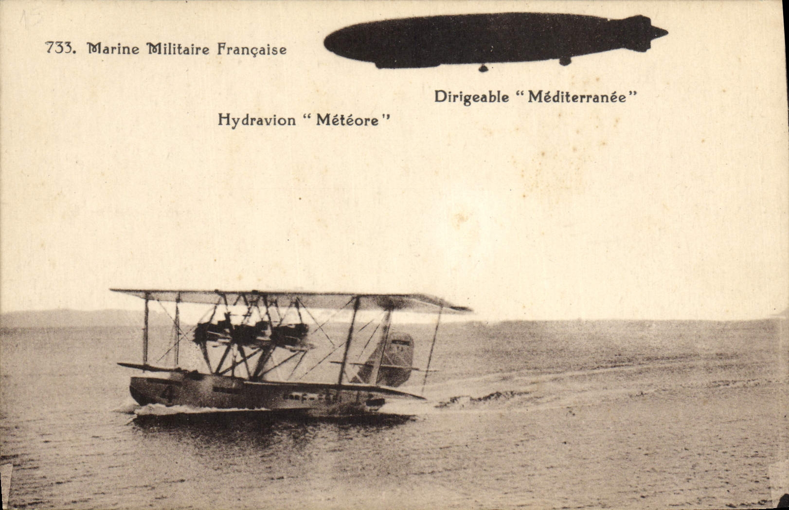 CPA Avion Aviation Marine militaire Hydravion Meteore Dirigeable Mediterranee Hydravion Zeppelin 