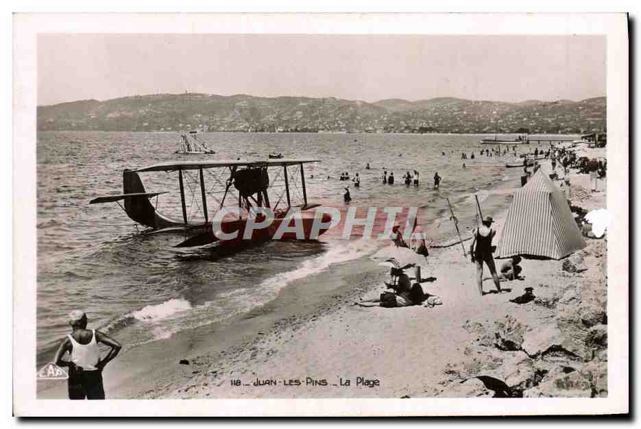 CPA Avion Aviation Juan les Pins La plage Hydravion 