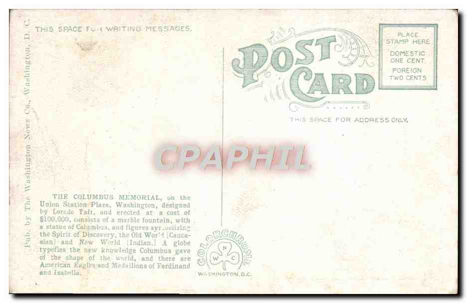 CPA Christopher Columbus Memrial Union Station Plaza Washington  — Rückseite