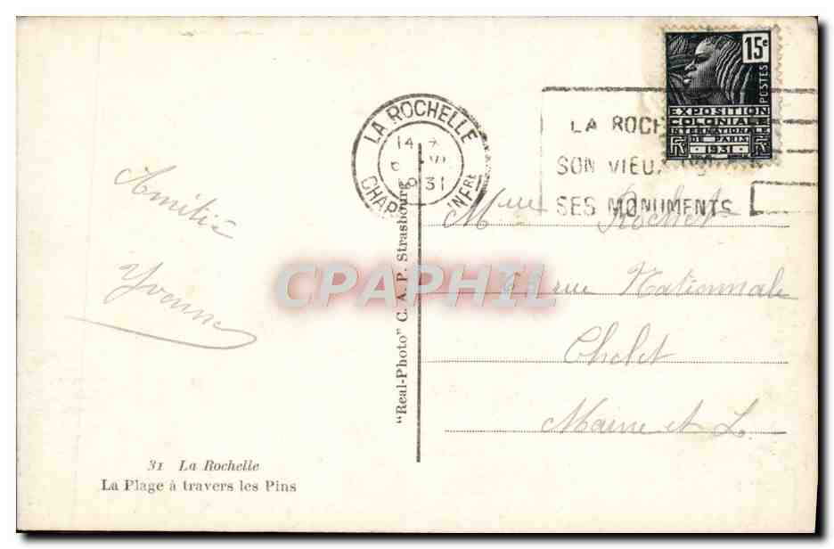 La Plage à travers les Pins — La Rochelle — C.A.P. Strasbourg — Verso