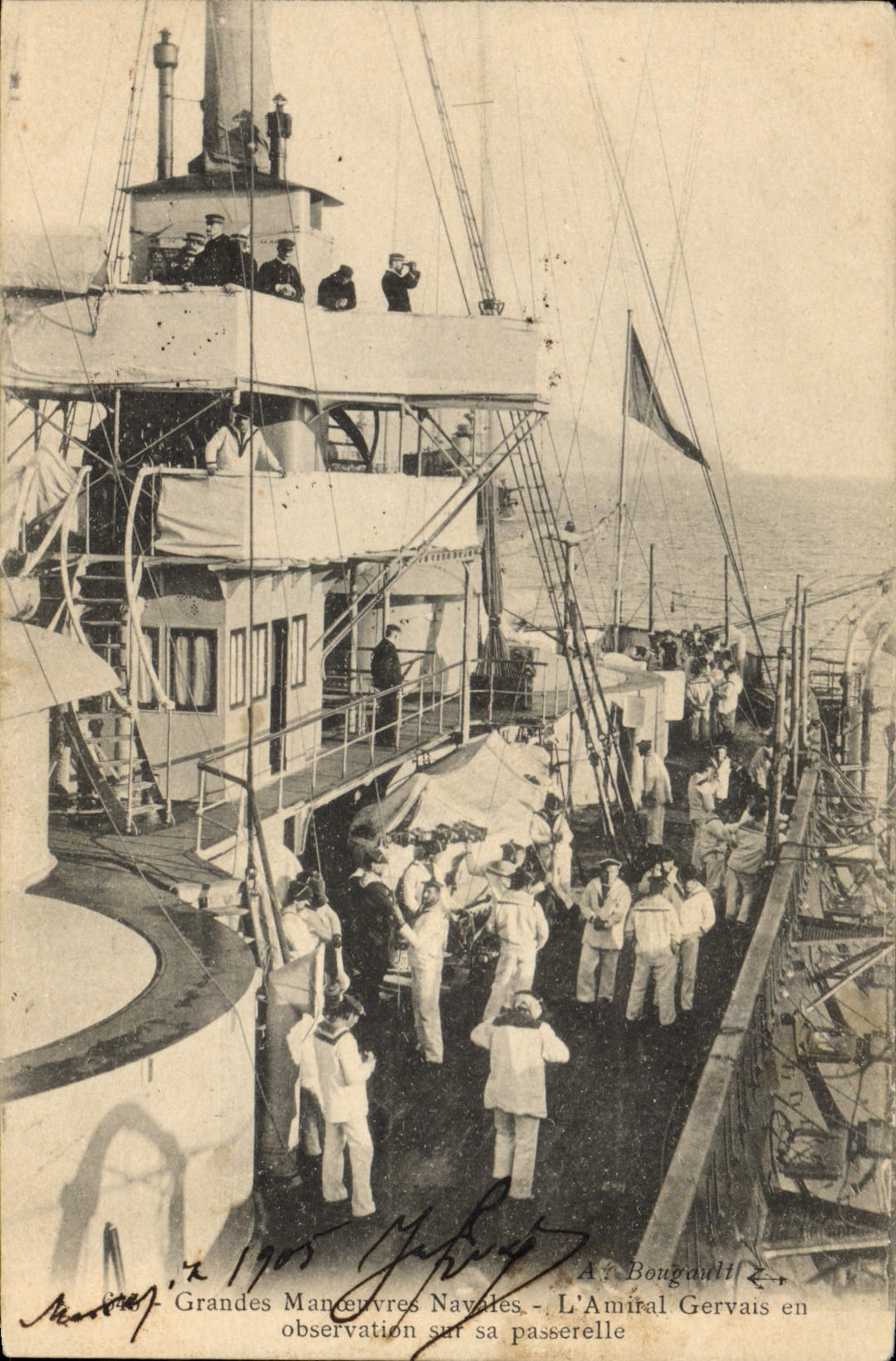 Grandes Manœuvres Navales — L'Amiral Gervais en observation sur sa passerelle — A. Bougault
