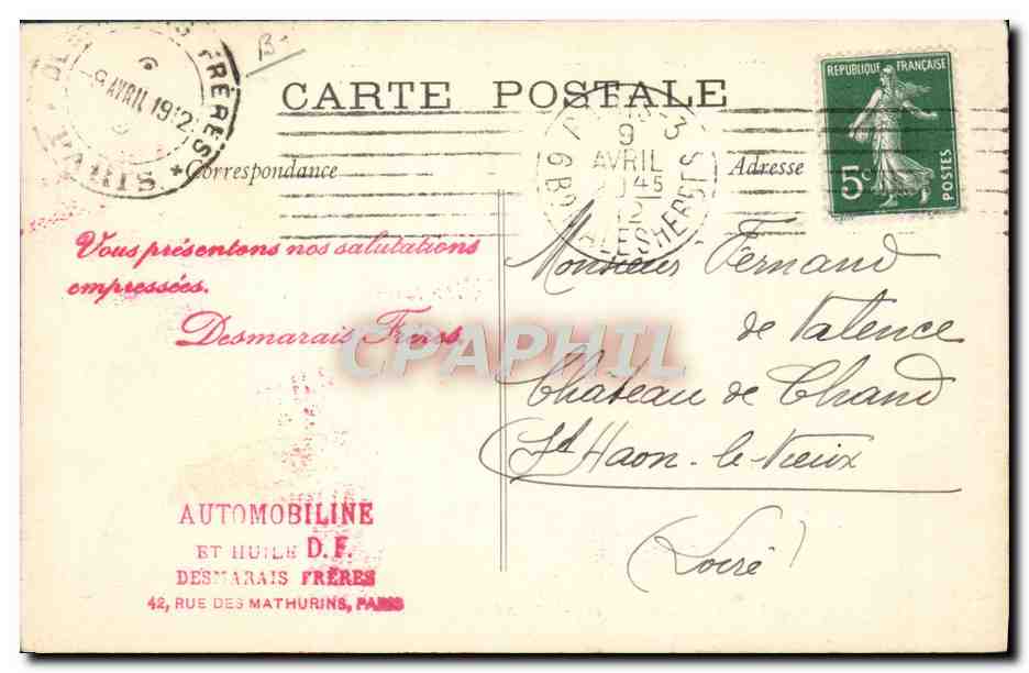 CPA Avion Aviation Concours militaire Reims Octobre 1911 Colliex sur biplan Canard Voisin Huile Automobiline  — Rückseite
