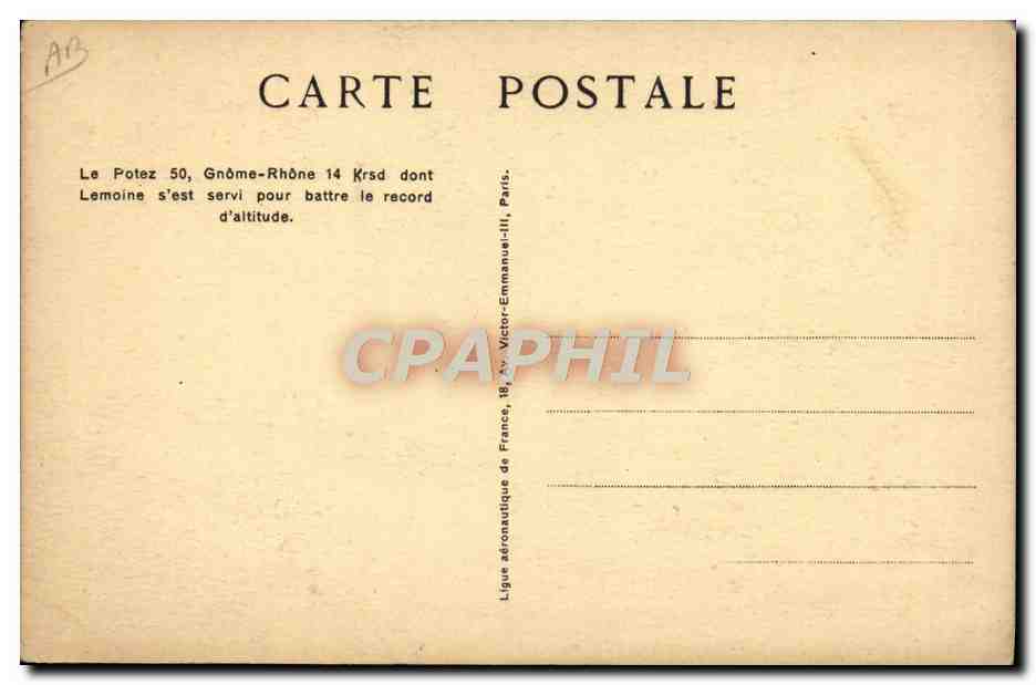 CPA Avion Aviation Potez 50 Gnome Rhone 14 — Verso
