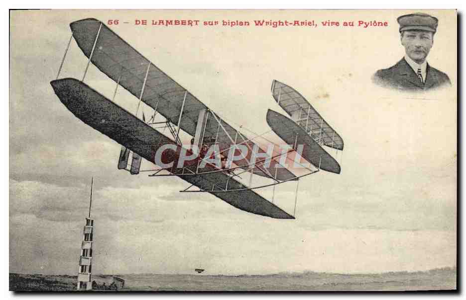 CPA Avion Aviation De Lambert sur biplan Wright Ariel vire au pylone 