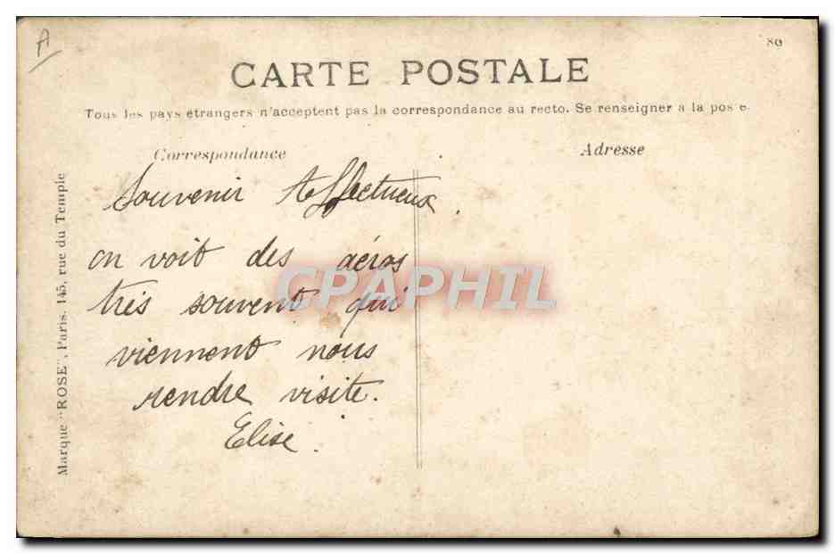CPA Avion Aviation Curtiss sur biplan a Reims 27 aout 1909 — Verso