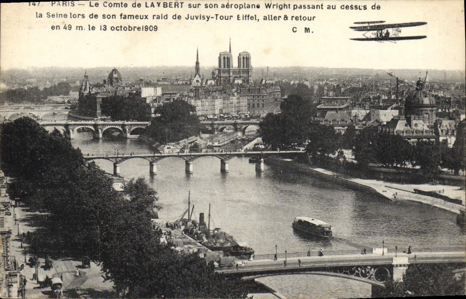 CPA Avion Aviation Paris Le Comte de Laubert sur aeroplane Wright Juvisy Tour Eiffel