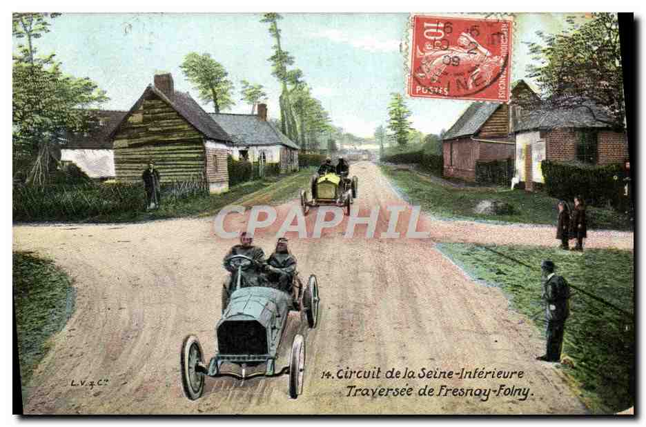 CPA Automobile Circuit de la Seine Inferieure Traversee de Fresnay Folny