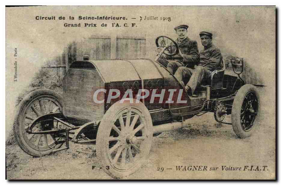 CPA Automobile Circuit de la Seine Inferieure 7 juillet 1908 Grand prix de l'ACF Wagner sur Voiture FIAT