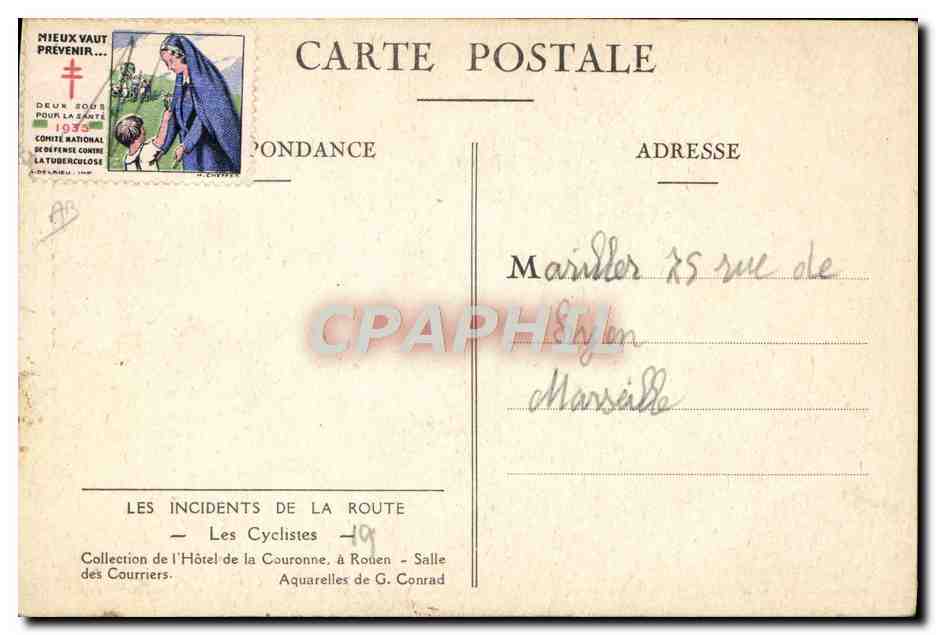 Les Cyclistes — Les Incidents de la Route — Aquarelles de G. Conrad — Reverso