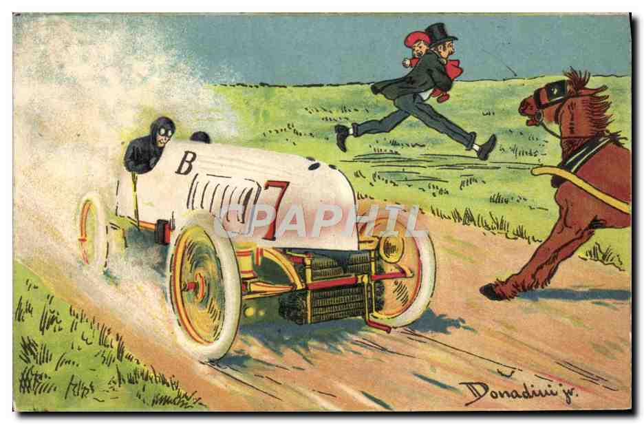 CPA Automobile Cheval Illustrateur Donadini
