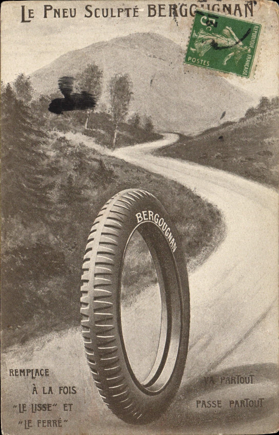 CPA Automobile Le pneu sculpte Bergougnan 