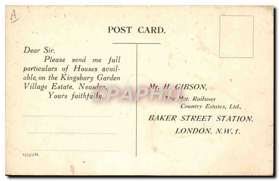 Kingsbury Garden Village — 'The Wheel Turn.' — The Met. Railway Country Estates, Ltd. — Verso