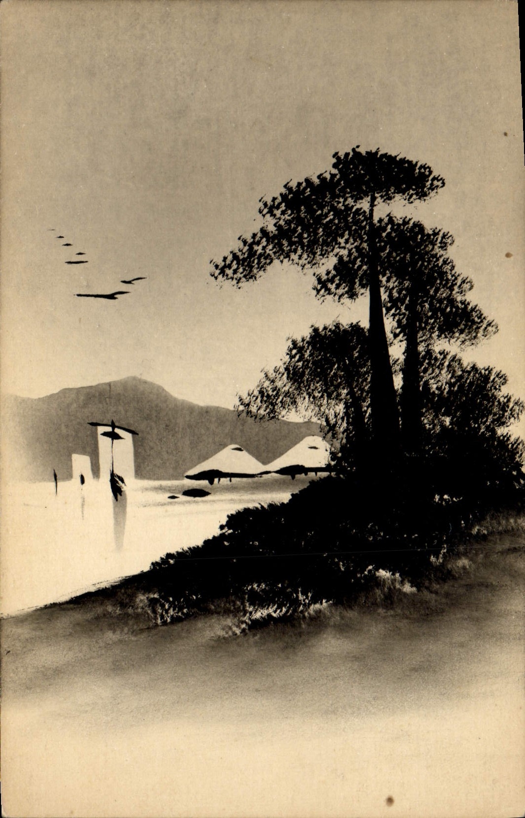 Japanisches Landschaftsbild — Berge, See und Kiefern — unbekannter Verlag