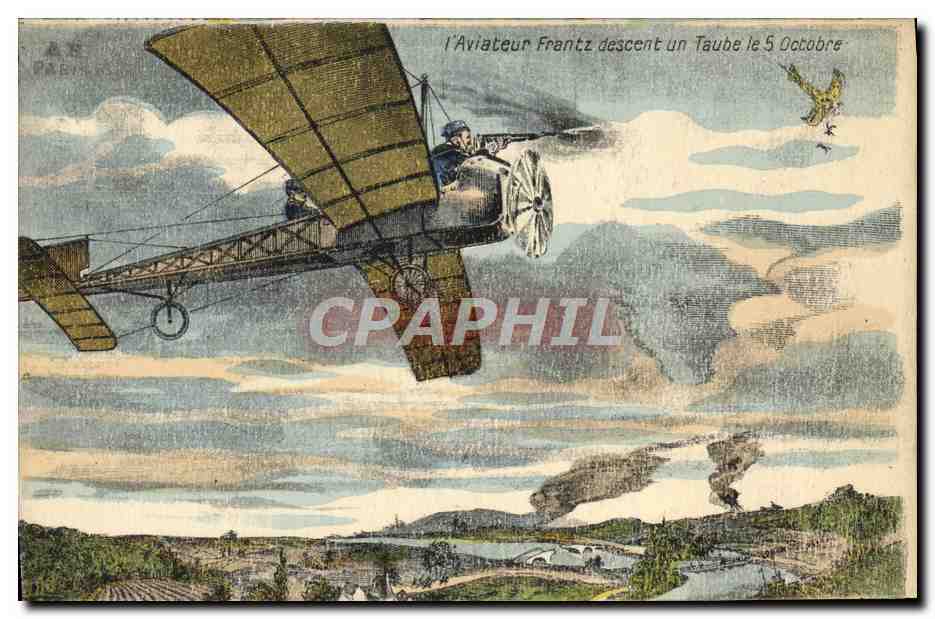 L'Aviateur Frantz descent un Taube le 5 Octobre — illustration aérienne avec paysage