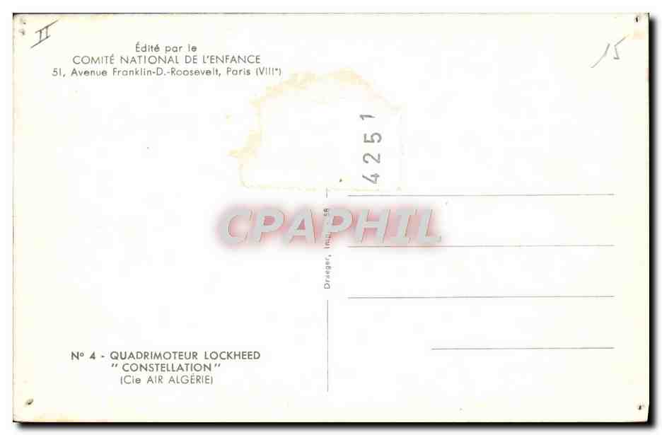 CPM Avion Aviation Quadrimoteur Lockheed Constellation Cie Air Algerie  — Rückseite