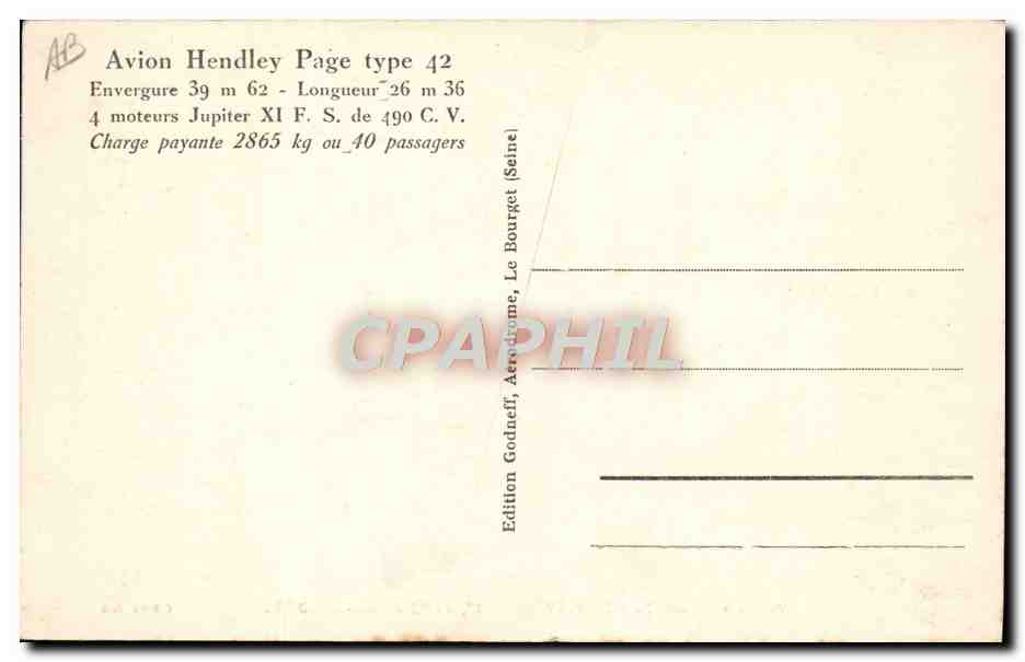 CPA Avion Aviation Avion Hendley Page Type 42 Moteurs Jupiter XI Type Paris Londres — Rückseite
