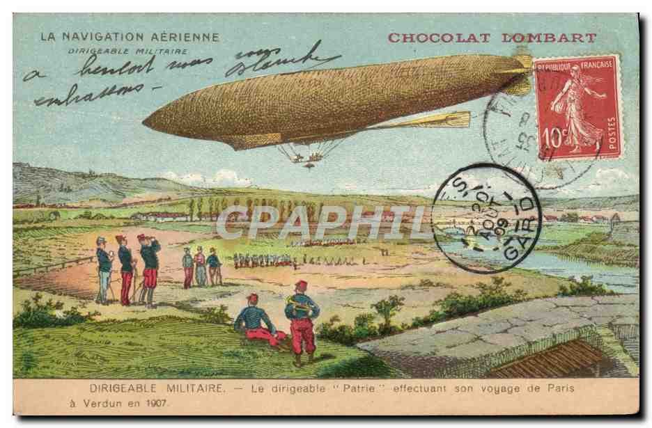 CPA Avion Aviation Dirigeable Zeppelin Chocolat Lombart Patrie effectuant son voyage de Paris a Verdun en 1907