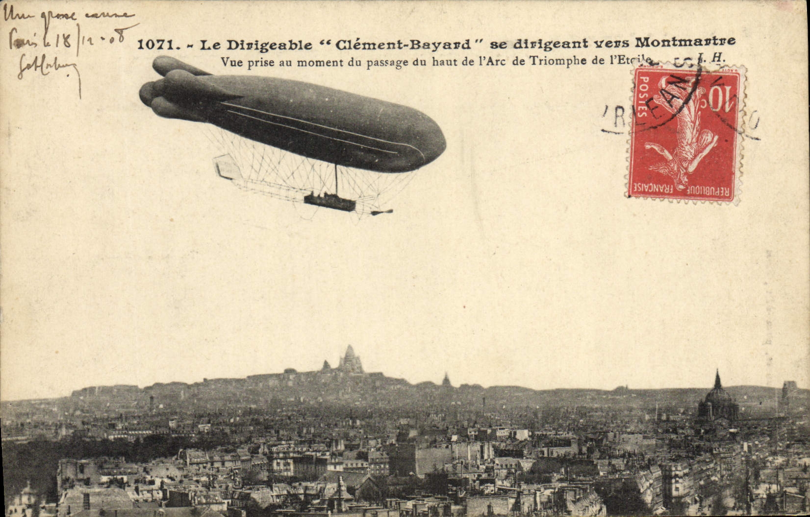 CPA Avion Aviation Dirigeable Zeppelin Clement Bayard se dirigeant vers Montmartre Paris 