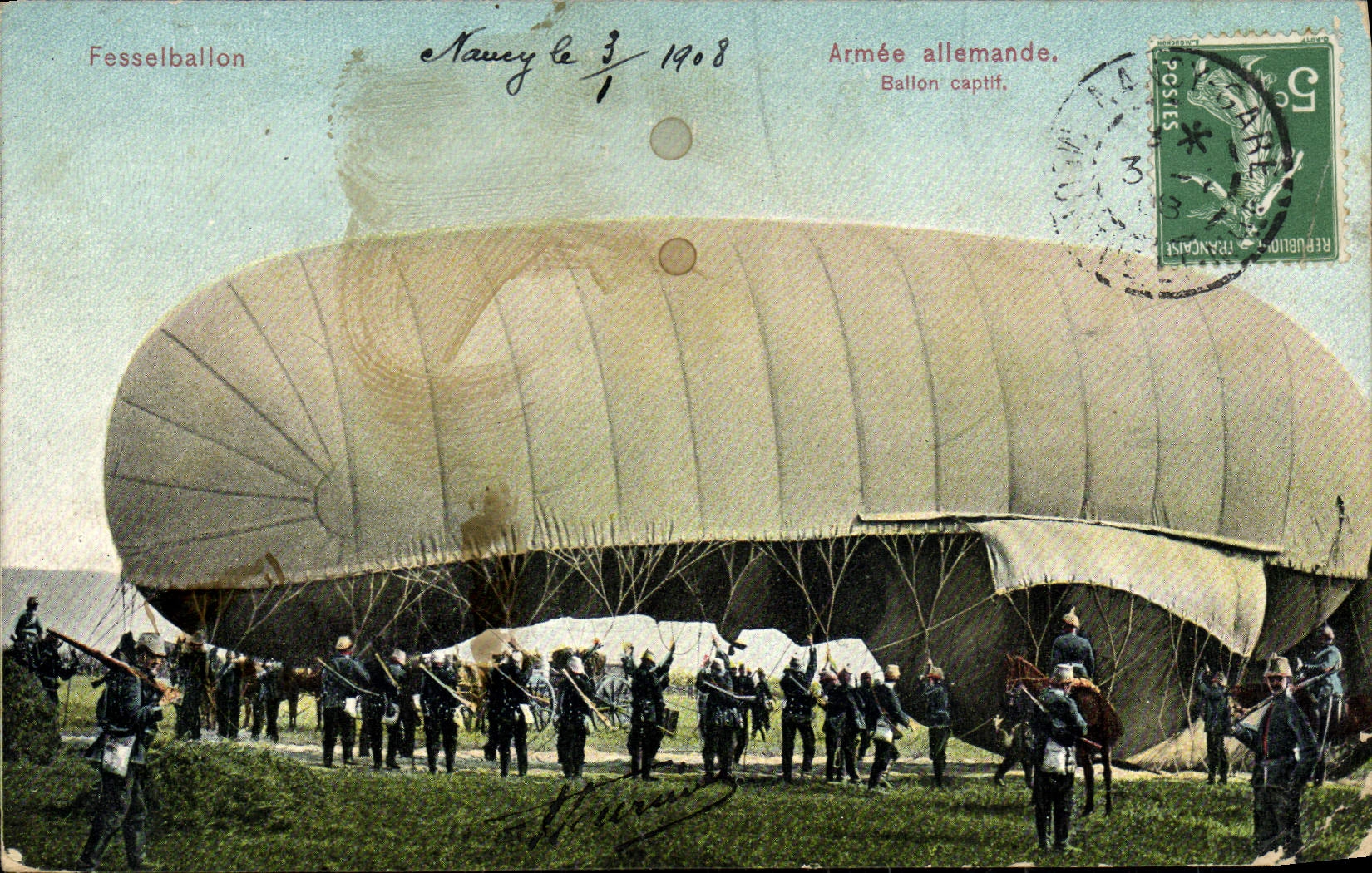 CPA Avion Aviation Dirigeable Zeppelin Armee allemande Ballon captif 