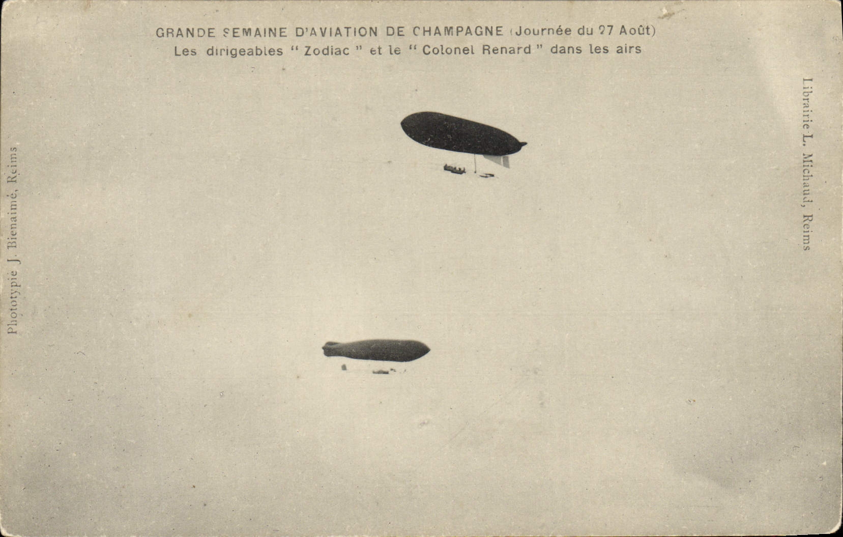 CPA Avion Aviation Dirigeable Zeppelin Grande Semaine d'aviation de Champagne Zodiac et le colonel Renard dans les airs 