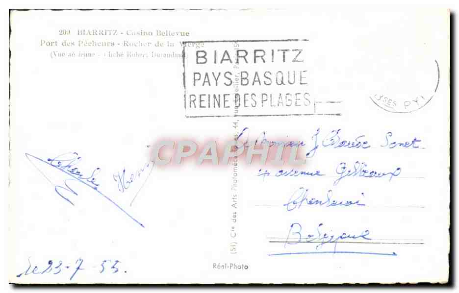 CPM Biarritz Casino Bellevue Port des Pecheurs Rocher de la Vierge  — Verso