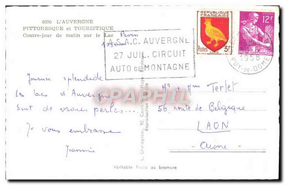 Lacs d'Auvergne — Vue pittoresque et touristique — A.S.A.C. Auvergne — Verso
