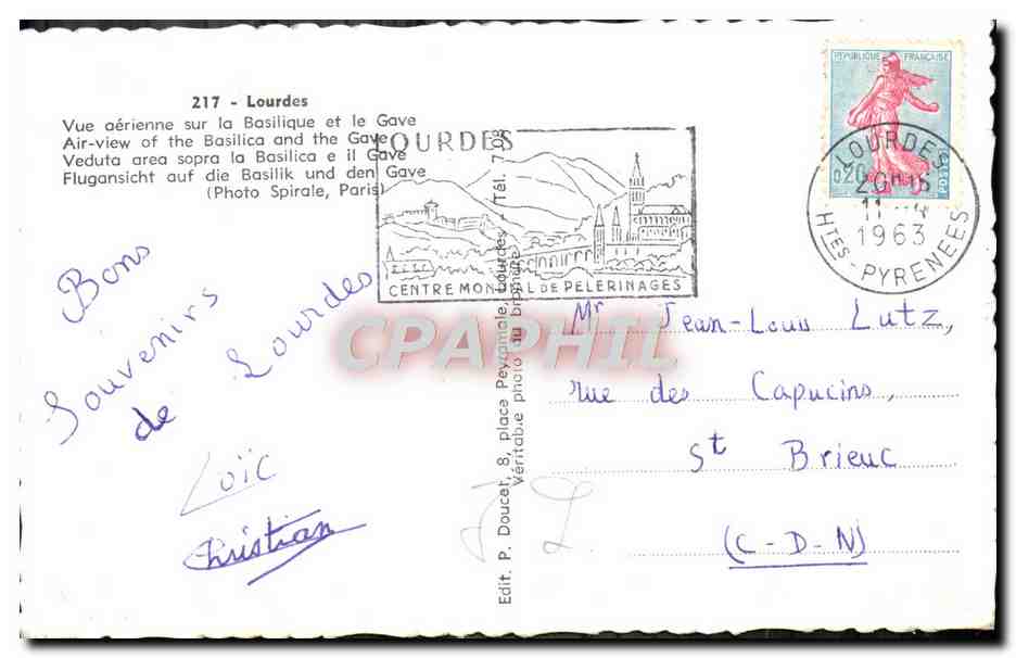 CPM Lourdes Vue Aerienne Sur La Basilique Et Le Gave — Verso