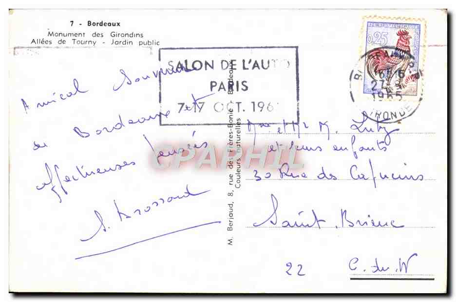 CPM Bordeaux Monument Des Girandins Allees De Tourny Jardin Public — Verso