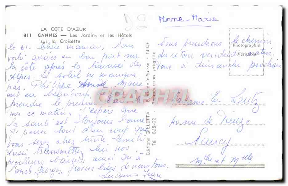 CPM La Cote D Azur Cannes Les Jardins Et Les Hotels — Verso