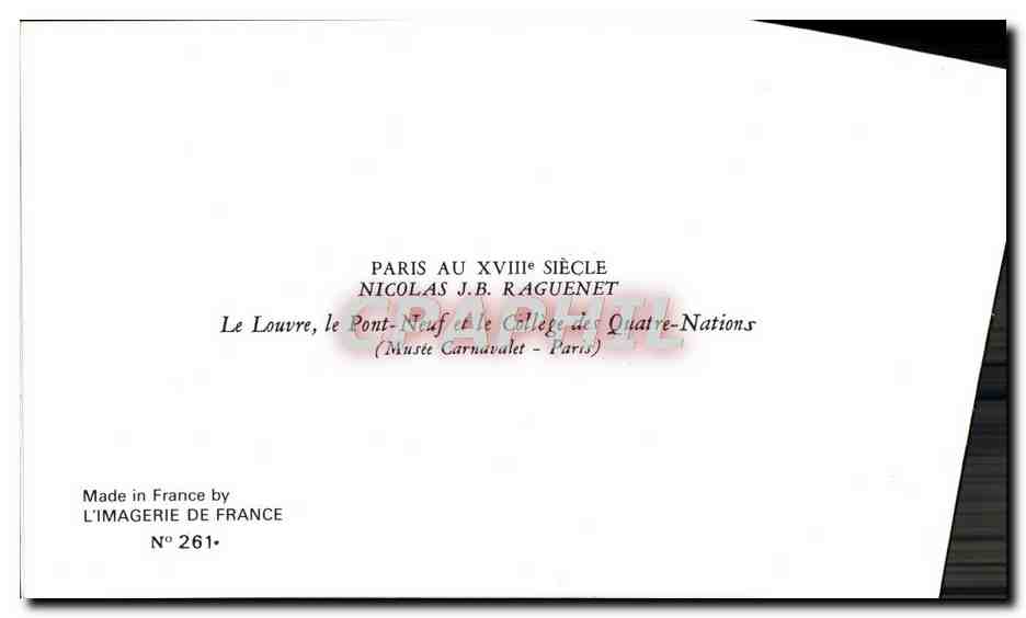 Paris au XVIIIe siècle — Le Louvre, le Pont-Neuf et le Collège des Quatre-Nations — Nicolas J.B. Raguenet — N° 261 — Verso