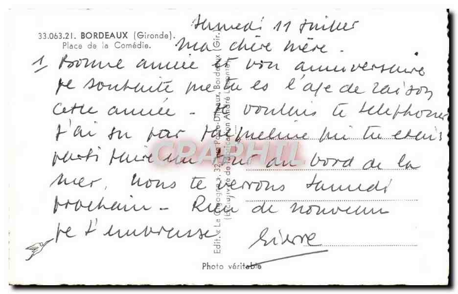 CPM Bordeaux Place de la Comedie — Verso