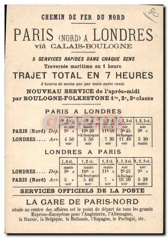 CPA Train Chemin de fer du Nord Paris Londres Via Calais Boulogne Cheval  — Verso
