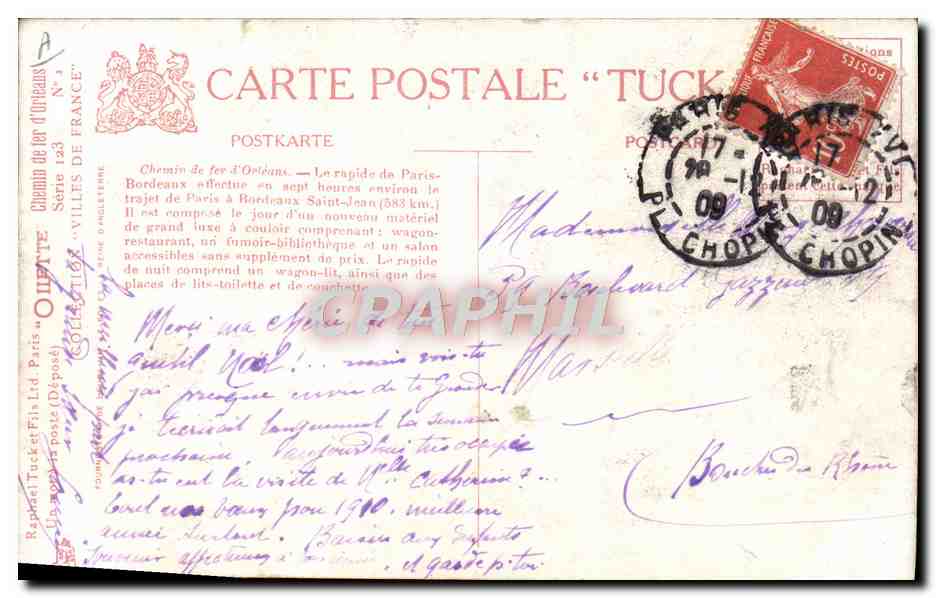 CPA Train Locomotive Chemin de fer d'Orleans Rapide de Paris a Bordeaux — Verso