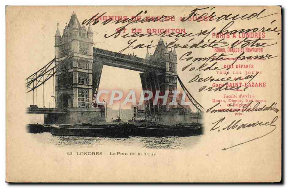 CPA Train Chemins de fer de l'Ouest et de Brighton Paris a Londres Le pont de la tour 