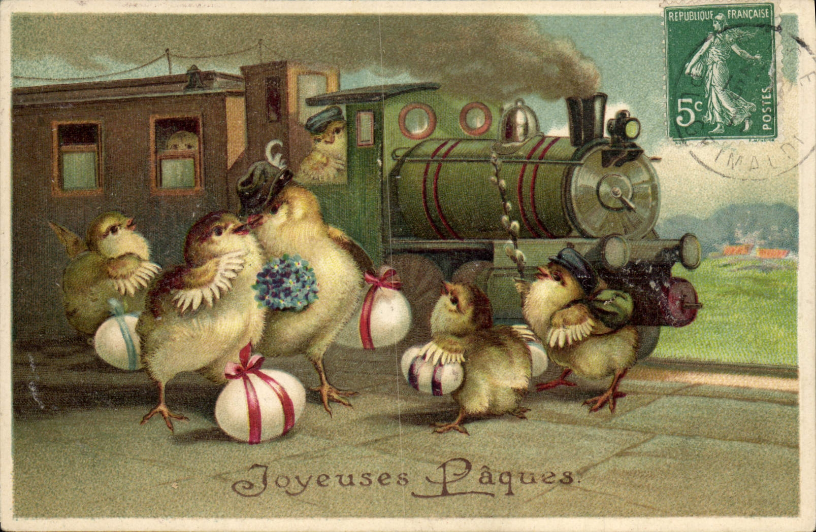 CPA Train Joyeuses Paques Poussins