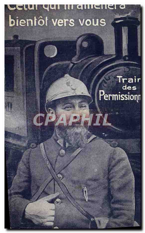 CPA Train des permissionnaires Militaria Poilu