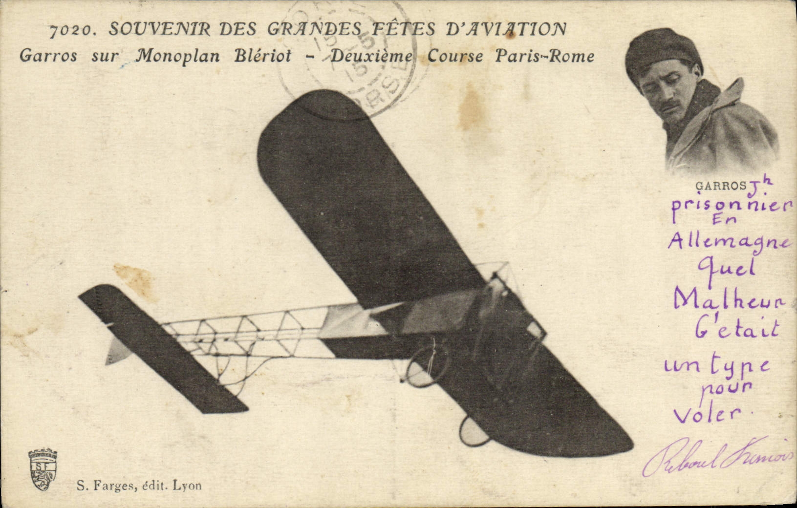 CPA Aviation Avion Grandes fetes d'aviation Garros sur monoplan Bleriot Deuxieme Course Paris Rome 