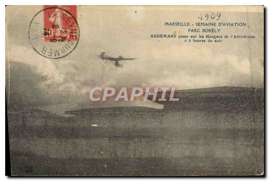 CPA Avion Aviation Marseille Semaine d'aviation Parc Borely Audemars passe sur les hangars de l'aerodrome 