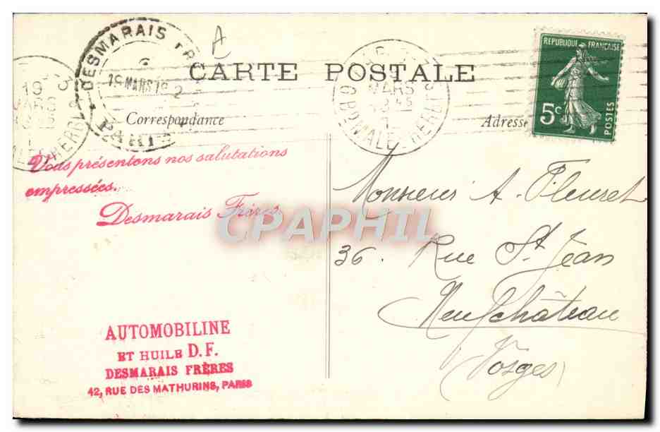 CPA Avion Aviation Concours militaire Reims octobre 1911 Colliex Canard Voisin Huile Automobiline  — Rückseite
