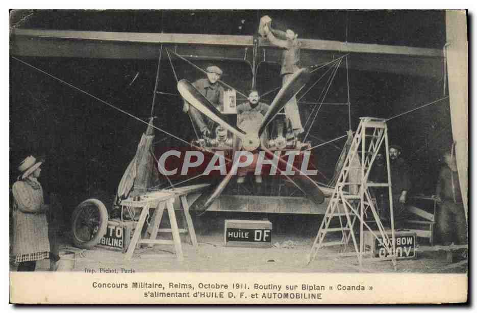 CPA Avion Aviation Concours militaire Reims octobre 1911 Boutiny sur biplan Coanda Huile Automobiline 