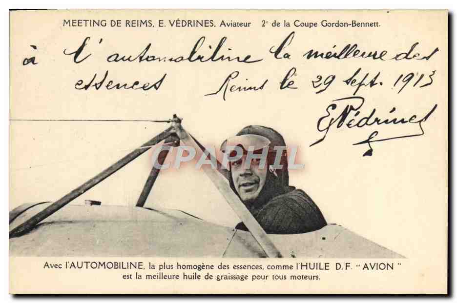 CPA Avion Aviation Automobiline Essence Meeting de Reims Vedrines Coupe Gordon Bennett