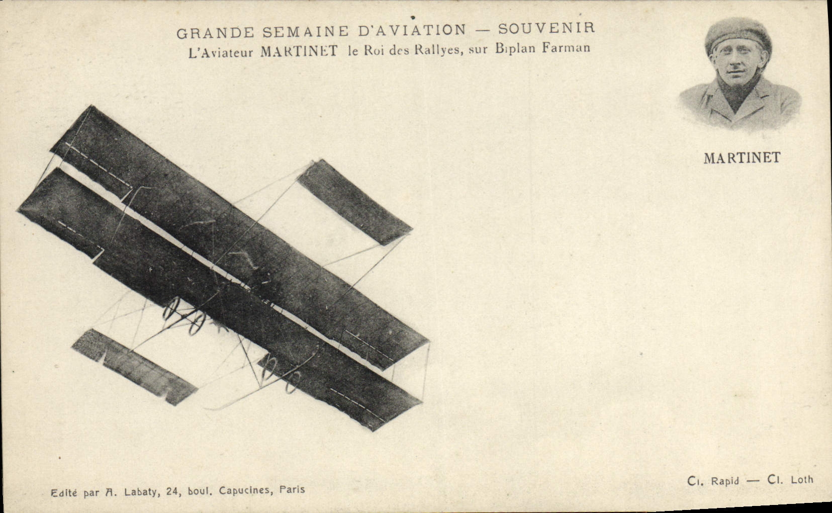 CPA Avion Aviation Grande semaine d'aviation Aviateur Martinet le roi des Rallyes sur biplan Farman 