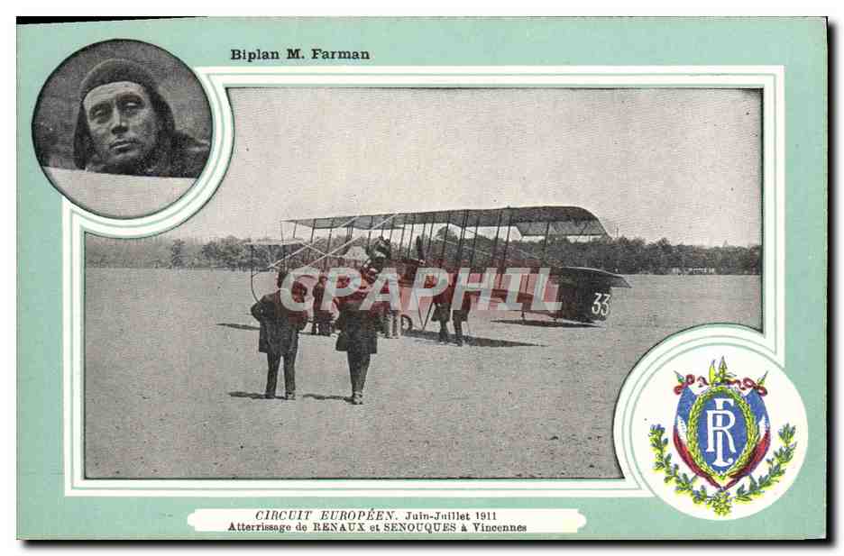 CPA Avion Aviation Biplan Farman Circuit europeen Juin Juillet 1911 Atterrissage de Renaux et Senouques a Vincennes