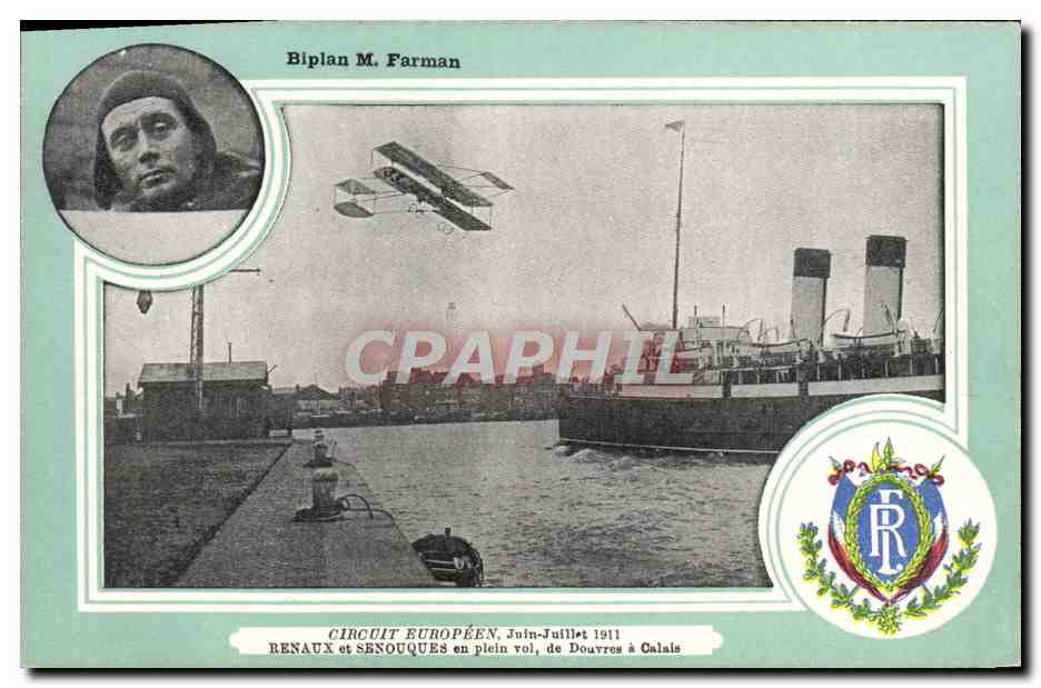 CPA Avion Aviation Biplan Farman Circuit europeen Juin Juillet 1911 Renaux et Senouques en plein vol de Douvres a Calais