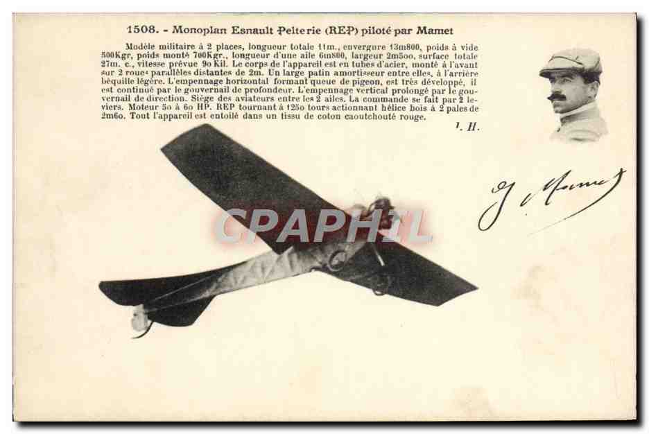 CPA Avion Aviation Monoplan Esnault Pelterie pilote par Mamet