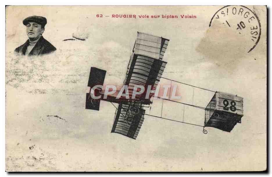 CPA Avion Aviation Rougier vole sur biplan Voisin 