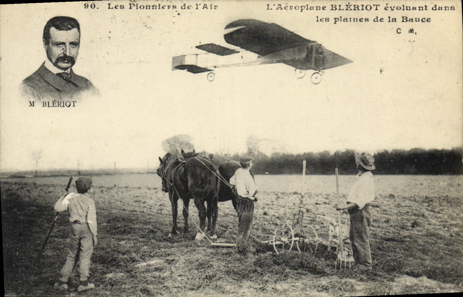 CPA Avion Aviation Aeroplane Wright evoluant dans les plaines de la Bauce Charrue cheval