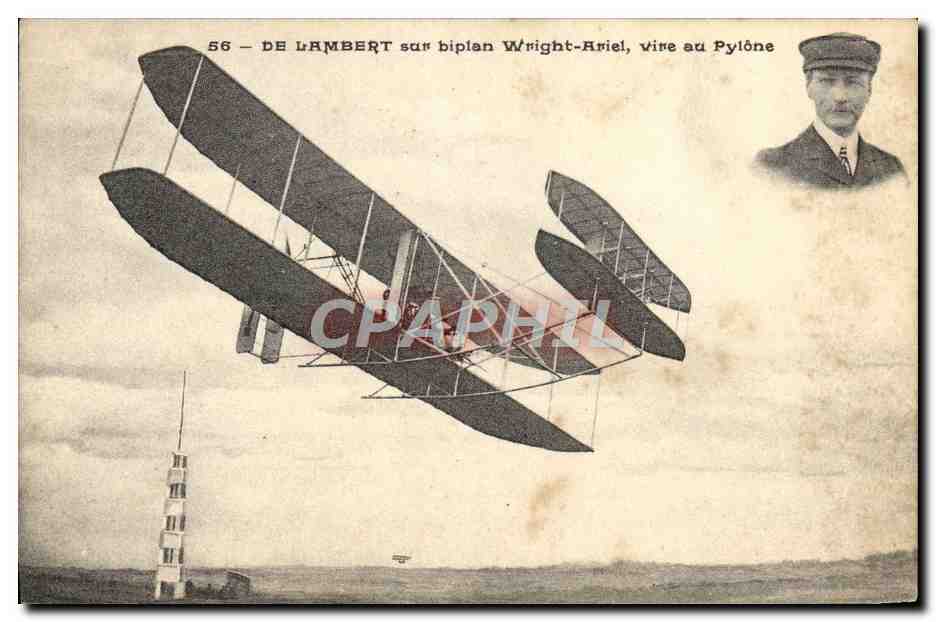 CPA Avion Aviation De Lambert sur biplan Wright Ariel vire au pylone 