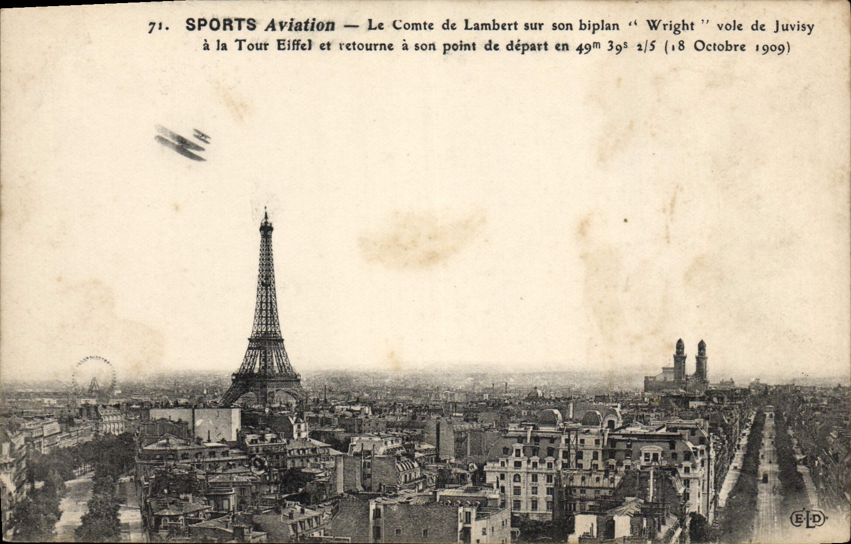 CPA Avion Aviation Le comte de Lambert sur son biplan Wright voie de Juvisy a la Tour Eiffel 